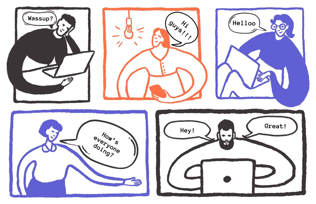 A hand-drawn comic strip of six people from different countries on a video call, greeting each other in English — speech bubbles read 'Wassup?', 'Hi guys!!!', 'Helloo', 'How's everyone doing?', 'Hey!' and 'Great!'