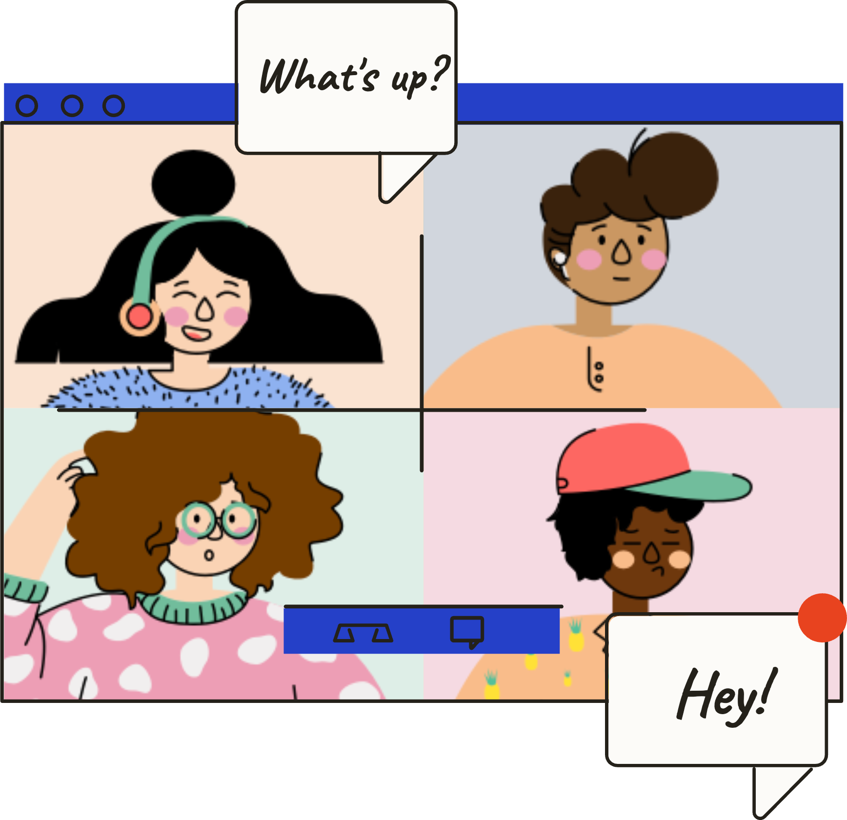 Illustration of four people from different countries on a video call, chatting in English — speech bubbles read 'What's up?' and 'Hey!'