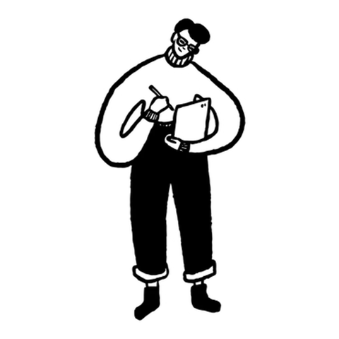 Ink doodle of a person in a beanie writing on a clipboard