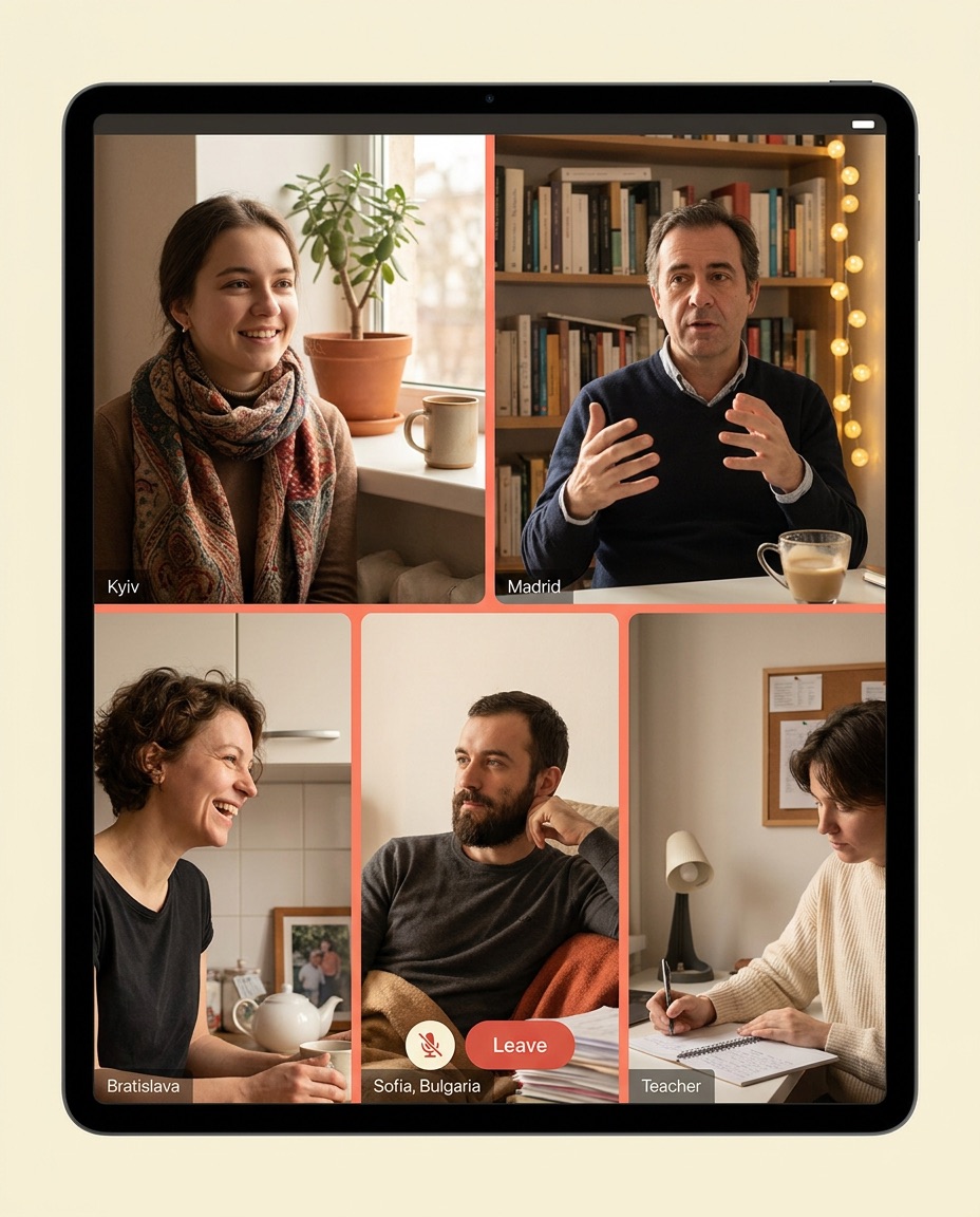 A tablet showing a Still Brewing speaking club: five people on a group video call, joining from Kyiv, Madrid, Bratislava and Sofia with their teacher