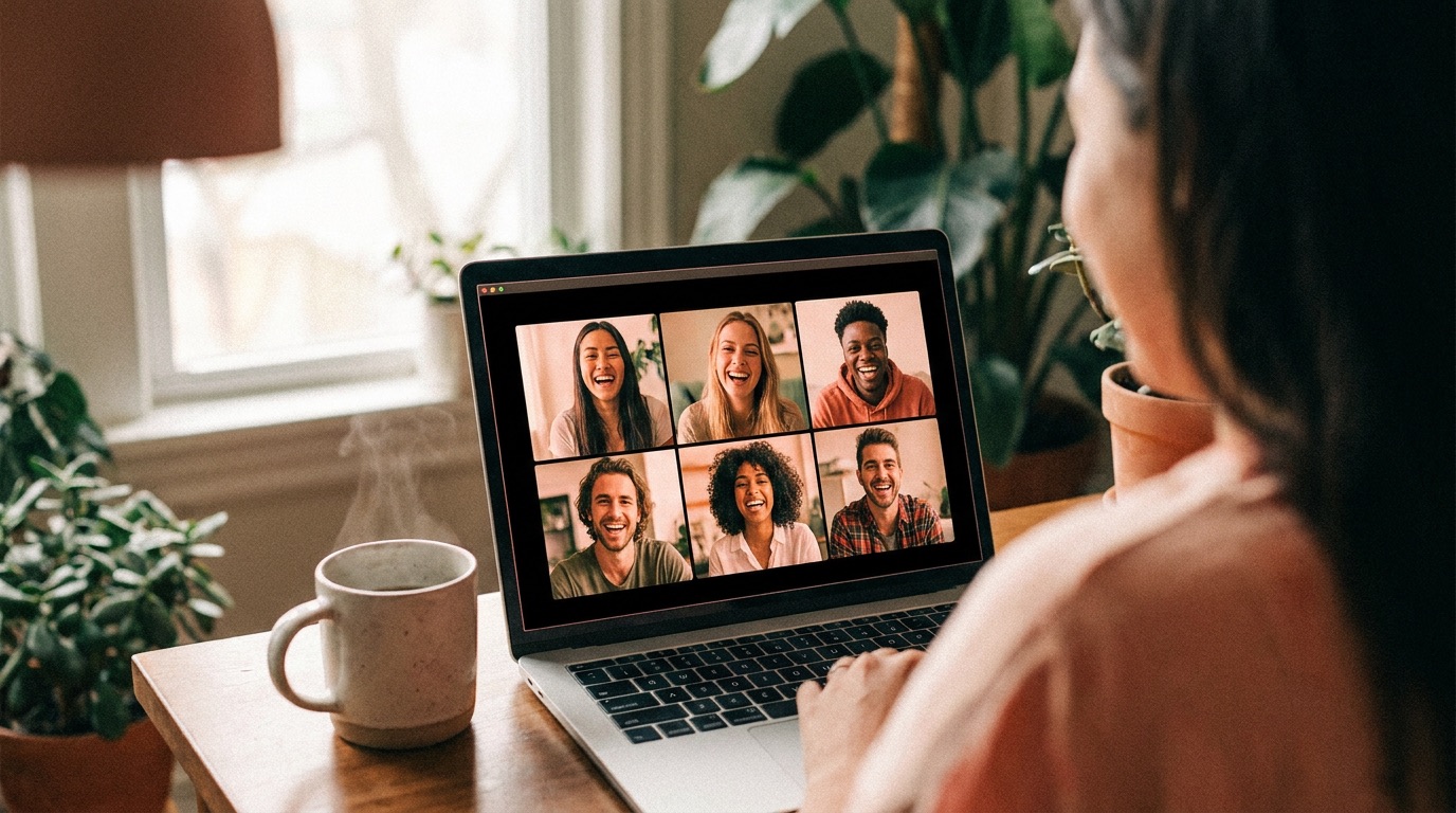 A learner at a sunlit desk with a mug of coffee, on a laptop video call with six smiling people from different countries
