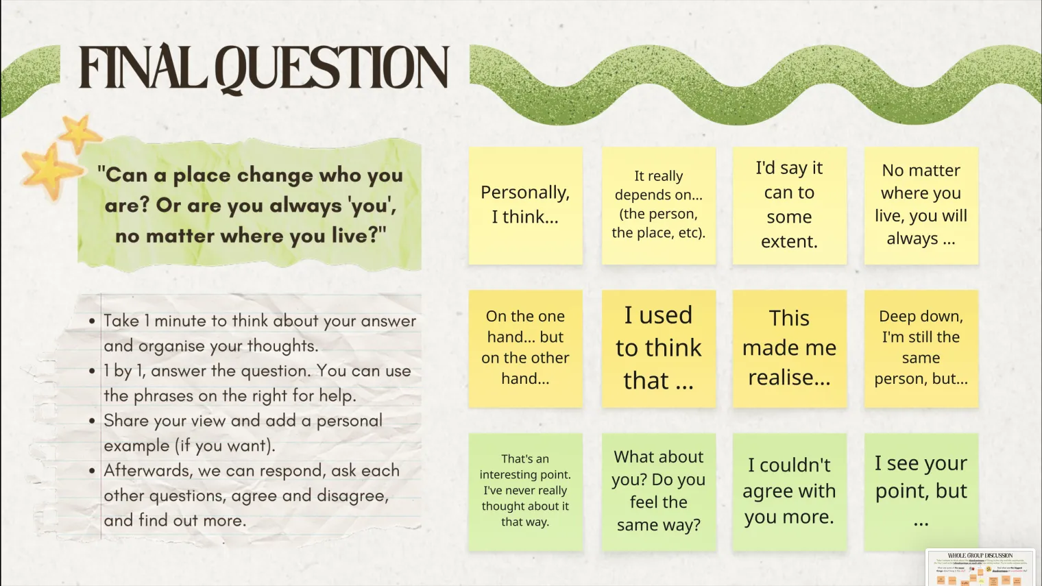 Slide headed “Final Question” asking “Can a place change who you are?”, with twelve sticky notes of phrases for agreeing, disagreeing and changing your mind.