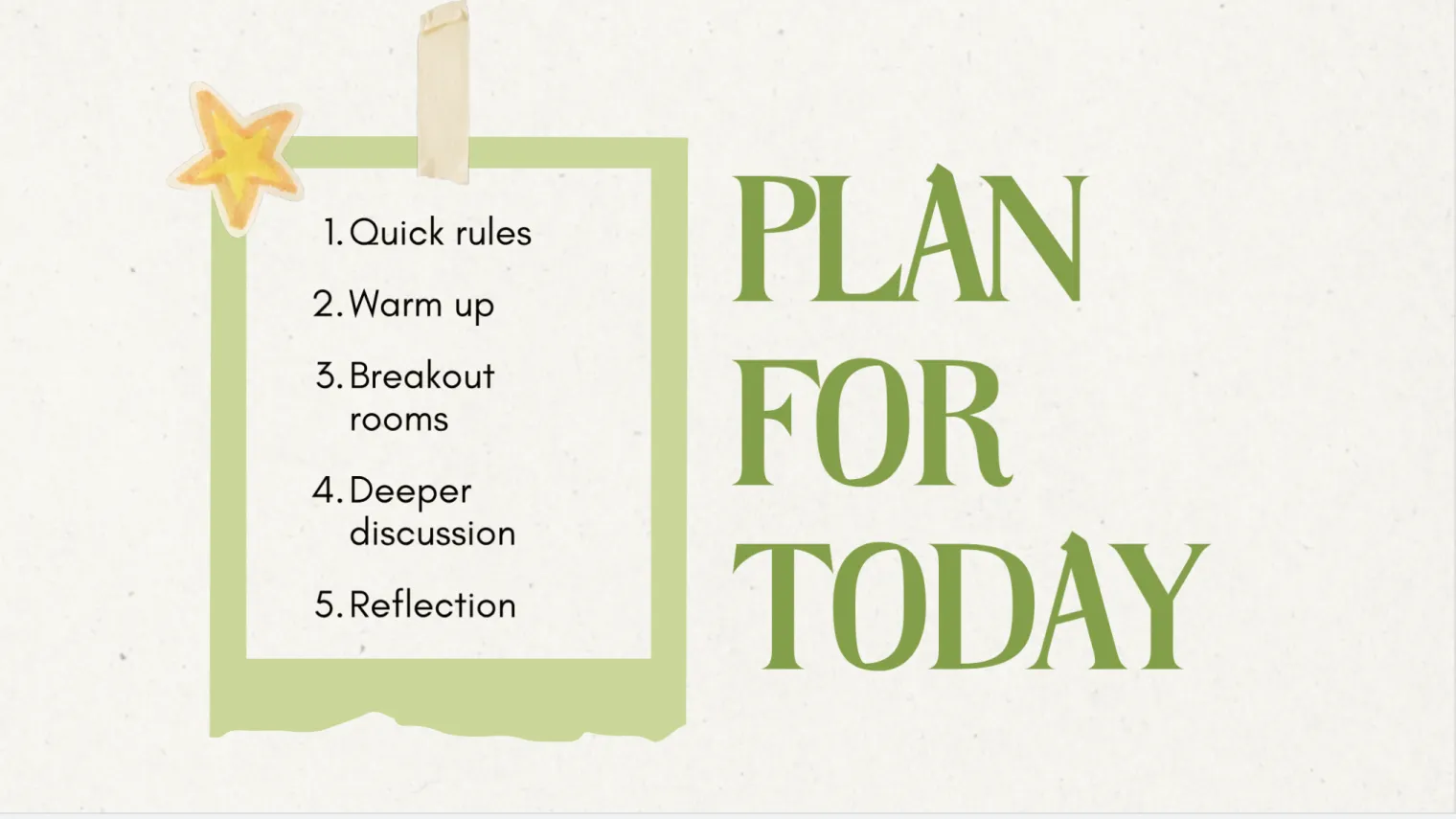 Slide headed “Plan for today”, a green taped note listing five steps: quick rules, warm up, breakout rooms, deeper discussion, reflection.