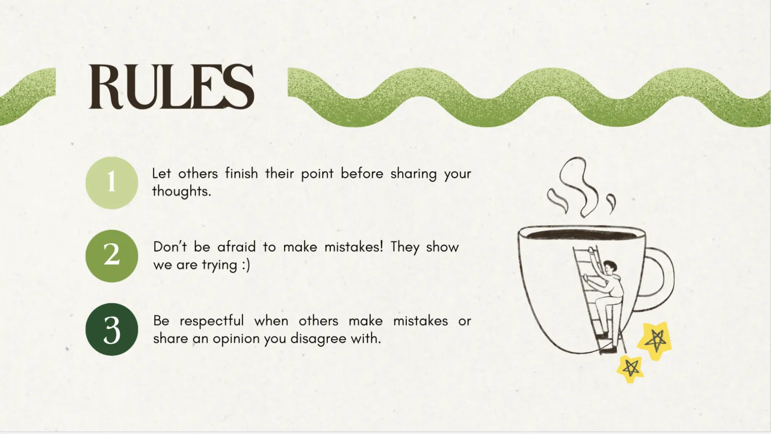 Slide headed “Rules” with three numbered points: let others finish their point, don’t be afraid to make mistakes, be respectful when others make mistakes or disagree.
